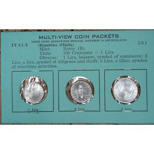 Italy Coin Set – 1952 1 and 1954 2 & 5 Lire Uncirculated Vintage Display Card